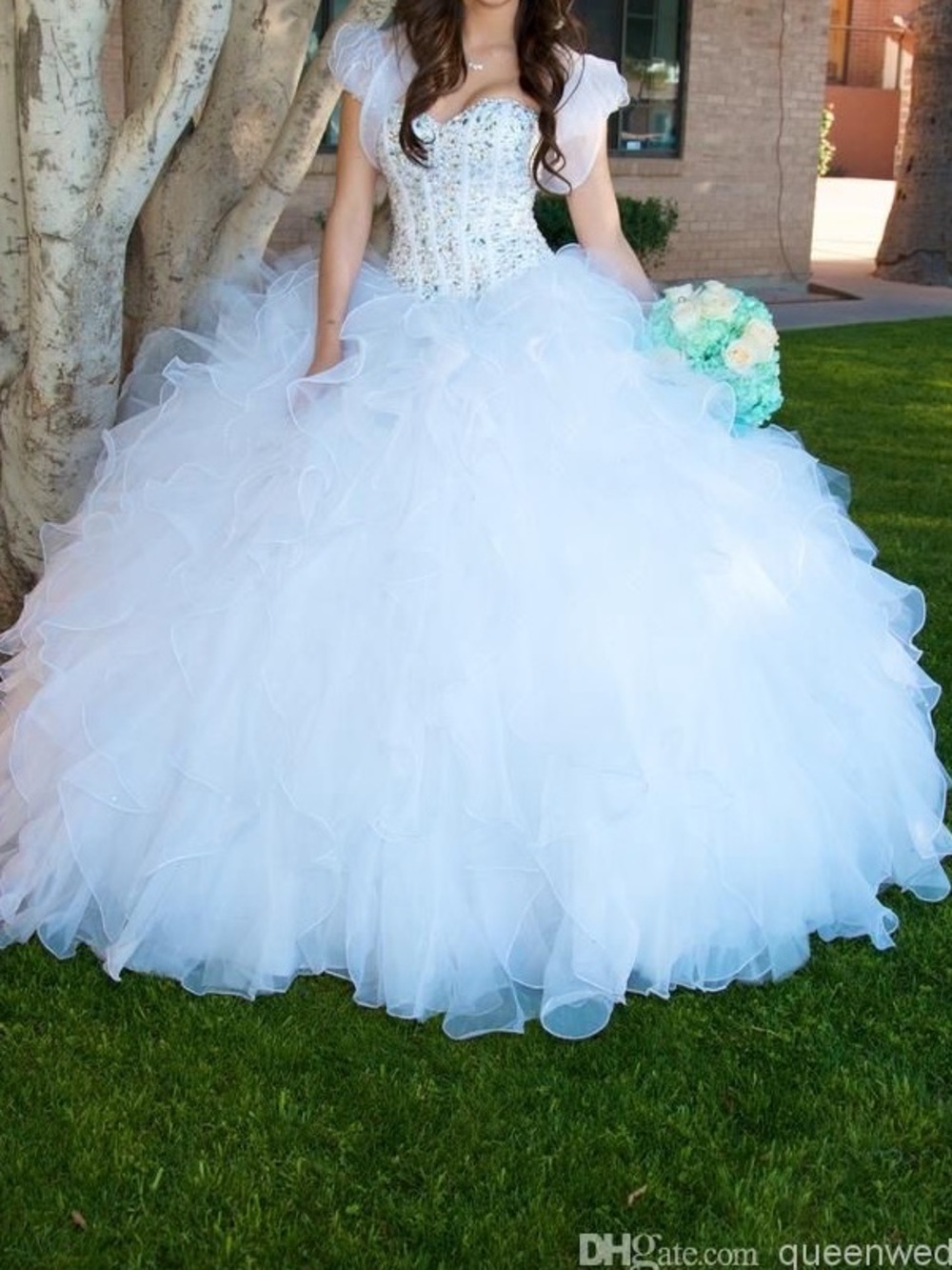 Romantic White Beaded Ball Gown Prom Dress with Ruffled Skirt
